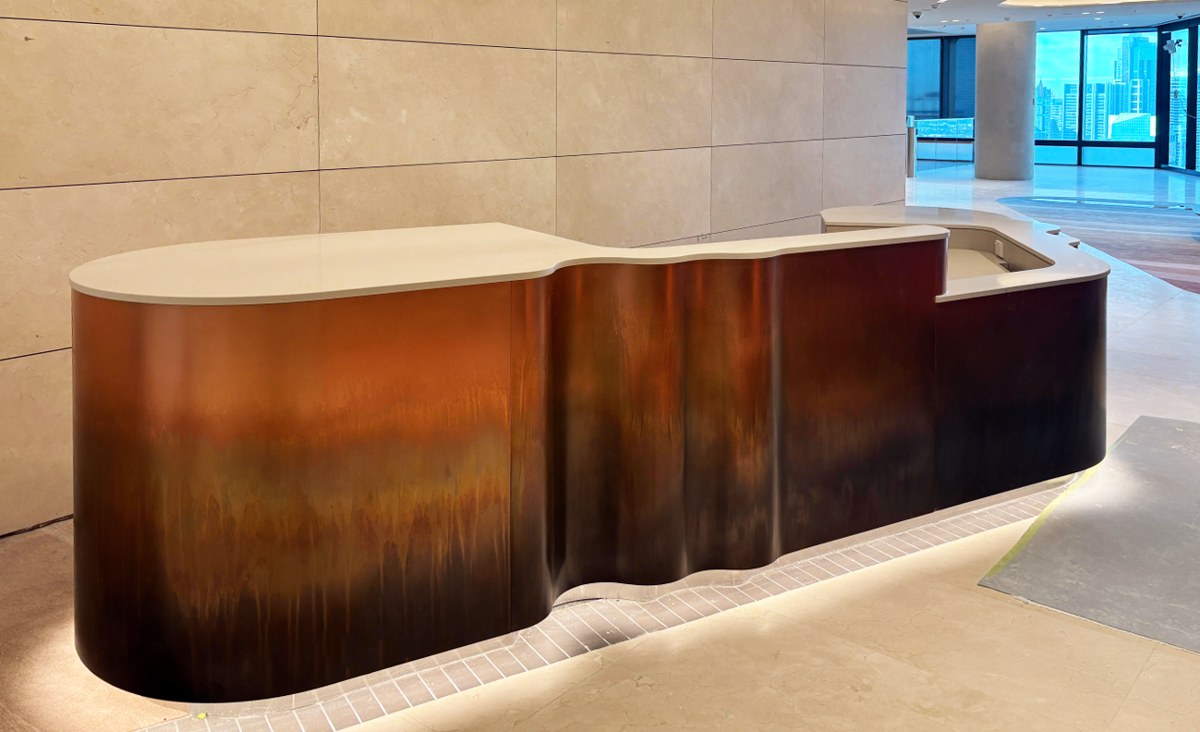 Copper sheet metal with custom pearl patina